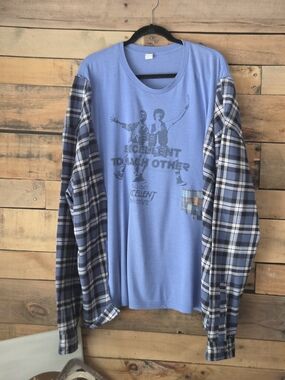 Upcycled Vintage Graphic Tee with Blue Plaid Sleeves